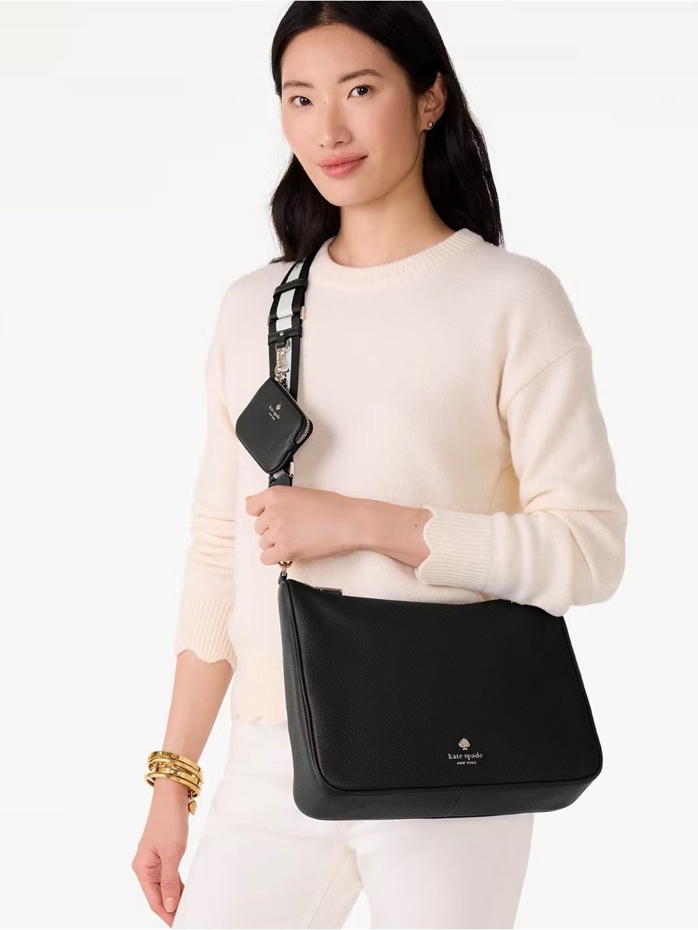 New KATE SPADE Emma Large Shoulder Crossbody Bag w/ Pouch Black Pebbled Leather - Picture 2 of 8